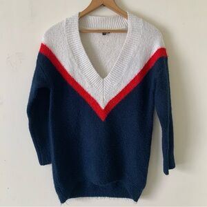 DYNAMITE Soft V-Neck Sweater - Navy, Red, White